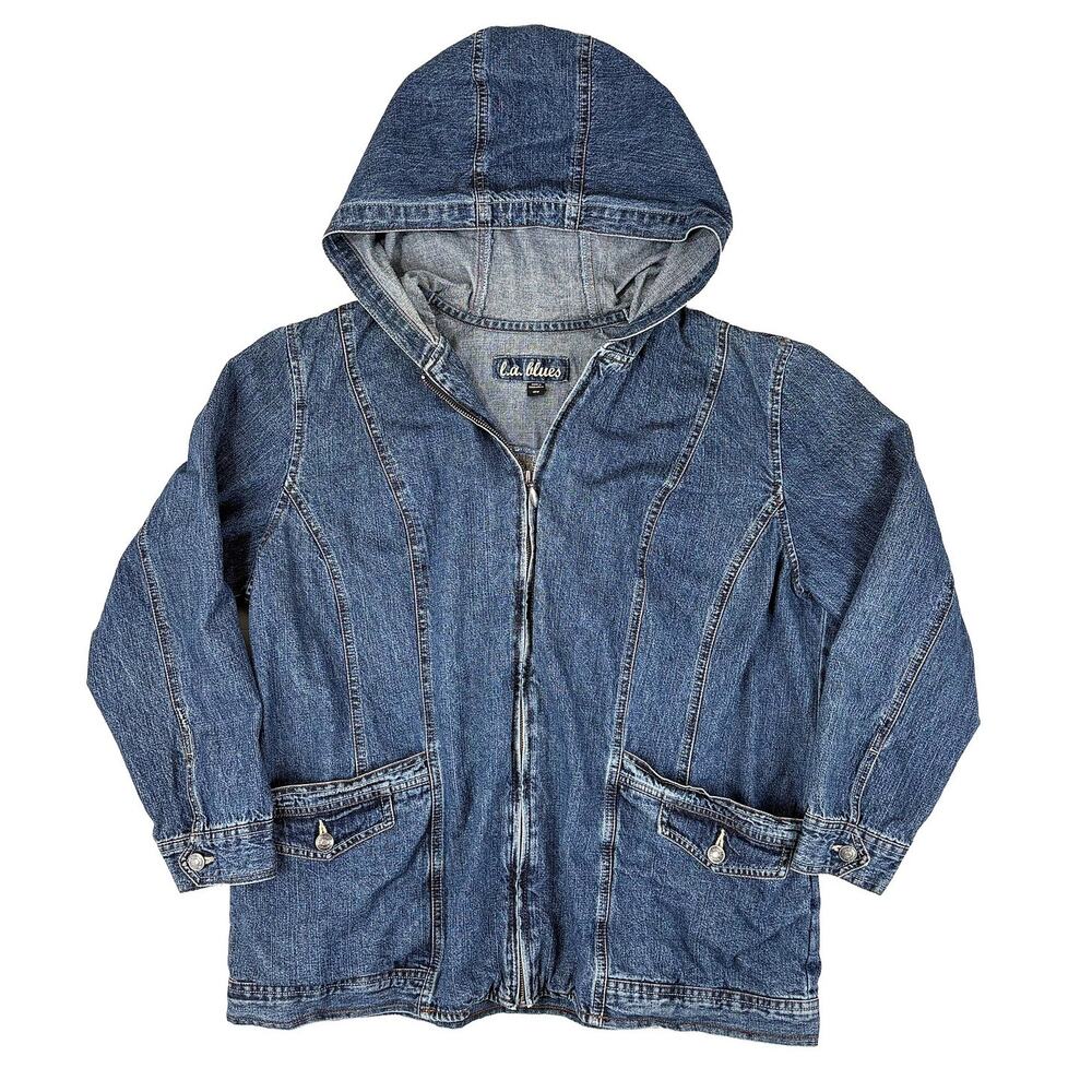 Vintage LA Blues Denim Hooded Jacket Women 18W Blue 90s Y2K Utility Grunge
